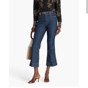 Zimmermann High Rise Kick Flare Jeans Cropped Dark Wash Contrast Stitch Size 31